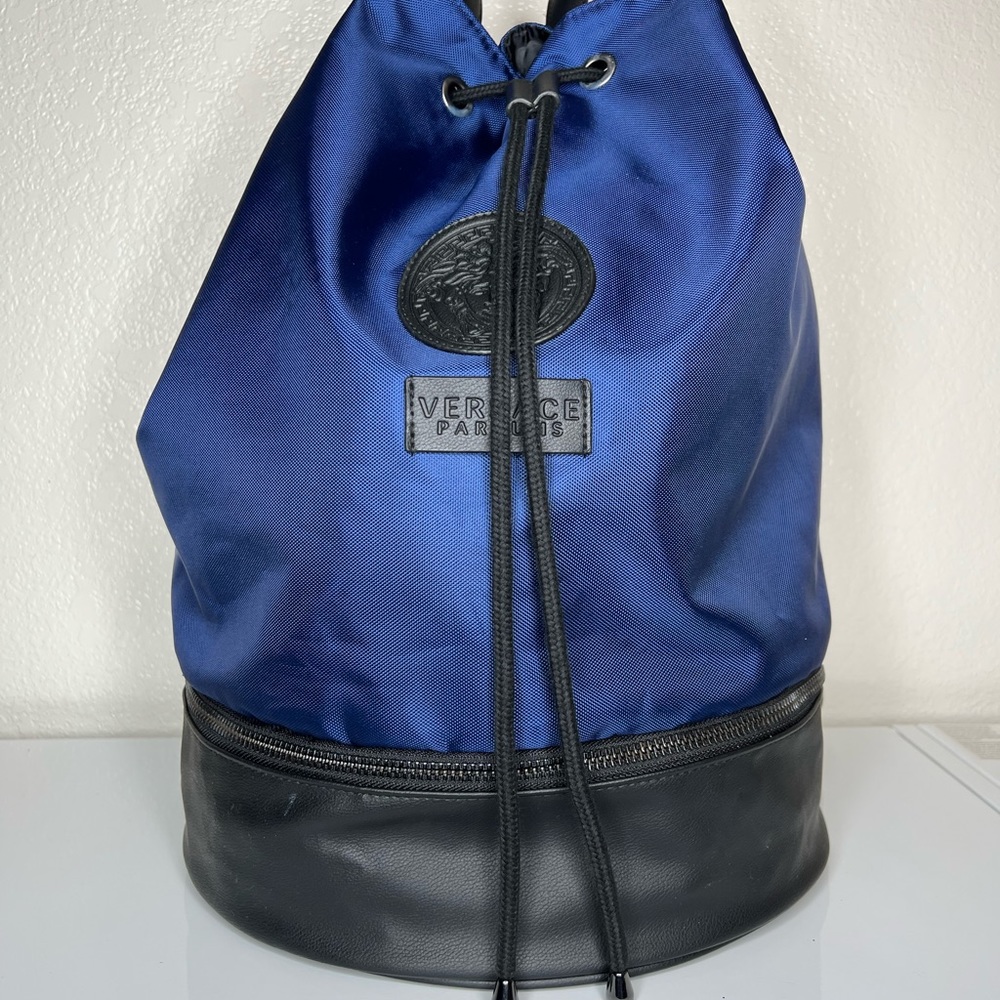 Versace Parfums Draw-string Large Navy Blue With Black Backpack Medusa Logo